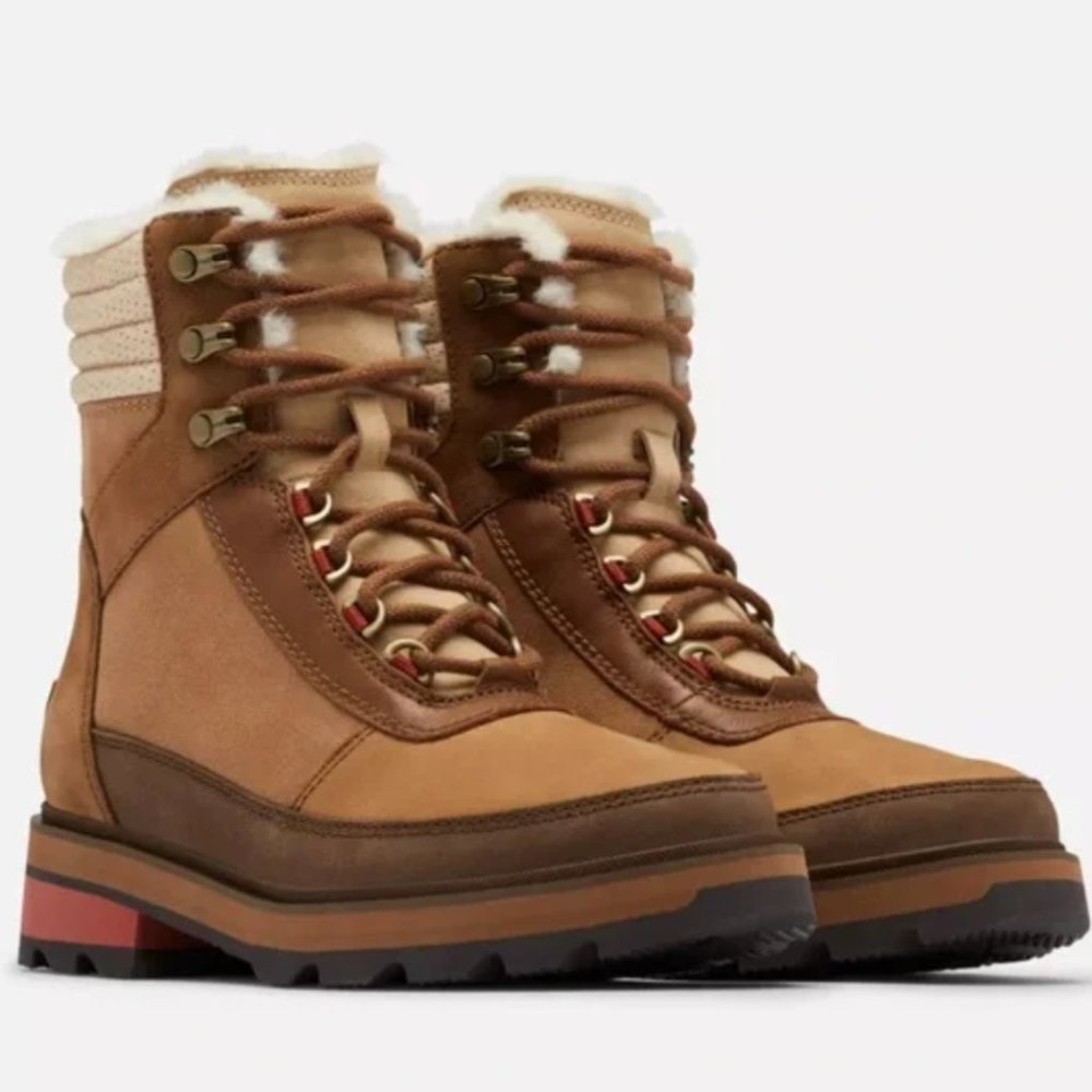 M SOREL WOMEN'S LENNOX LACE COZY STKD BOOT Velvet Tan, Warp Red Size 8…